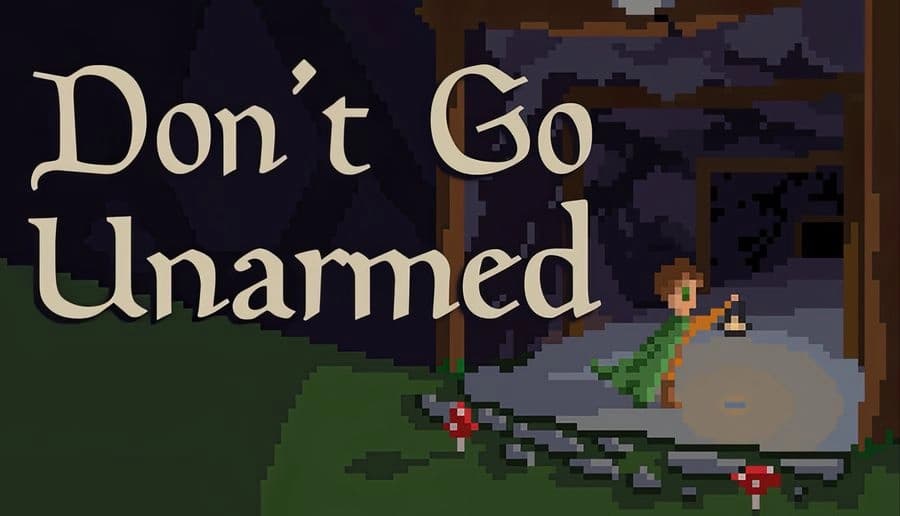 Don't Go Unarmed: A young boy with a lantern explores a dark cave entrance, surrounded by stones and mushrooms.