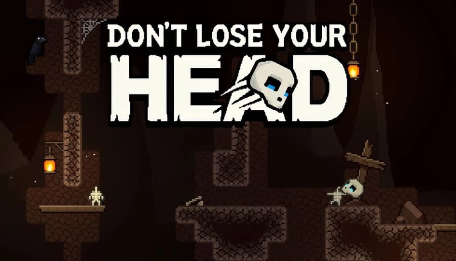 Don’t Lose Your Head: pixel skeleton head tumbles past stone platforms and torches inside a dark cave cavern.