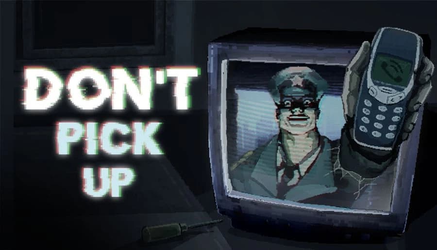Don’t Pick Up: Grinning man in a CRT monitor holds a phone up close, in a dark office with scattered tools.