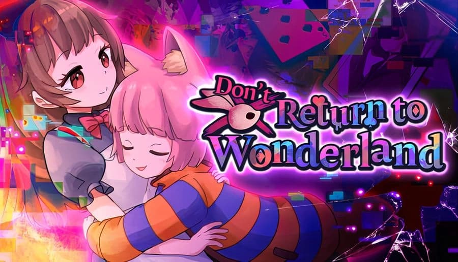 Don’t Return to Wonderland: girl hugs a sleeping cat-eared young girl amid floating shards and purple neon haze.