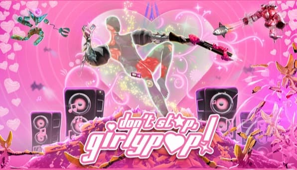 Don't Stop, Girlypop!: Young girl dances in pink arena among floating robots and speakers with digital hearts around.