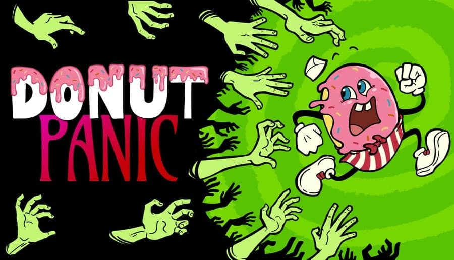 DONUT PANIC: pink frosted donut mascot runs with wide eyes as green zombie hands reach from black void on lime swirl background.