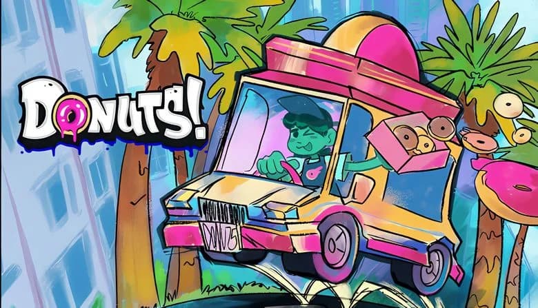 A young girl in an apron drives a colorful delivery van, handing out a box of donuts. Palm trees line the vibrant street.