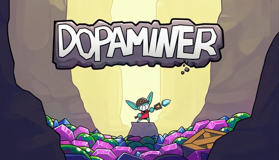 DOPAMINER: Small miner with pickaxe stands on rock amid glowing crystals and gemstones inside a dark cave opening.