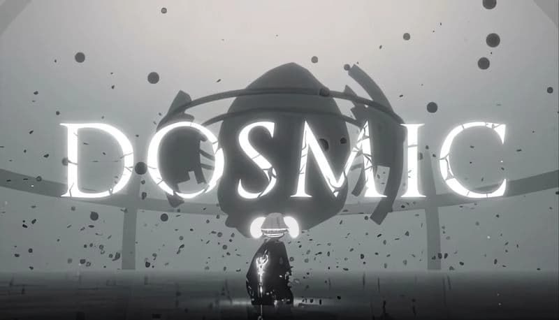 DOSMIC: Young boy stands before shadowy floating object amid swirling debris in dark setting, cosmic elements abound.