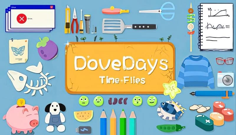 Dove Days: Various colorful items like tools, toys, and clothing scattered on a blue surface around a central game logo.