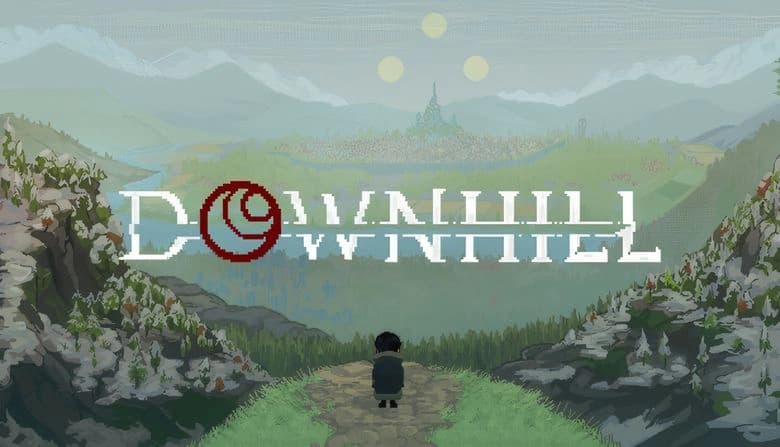 A lone man with dark hair stands on a dirt path, overlooking a vast valley and tower with three-orbs under a cloudy sky.