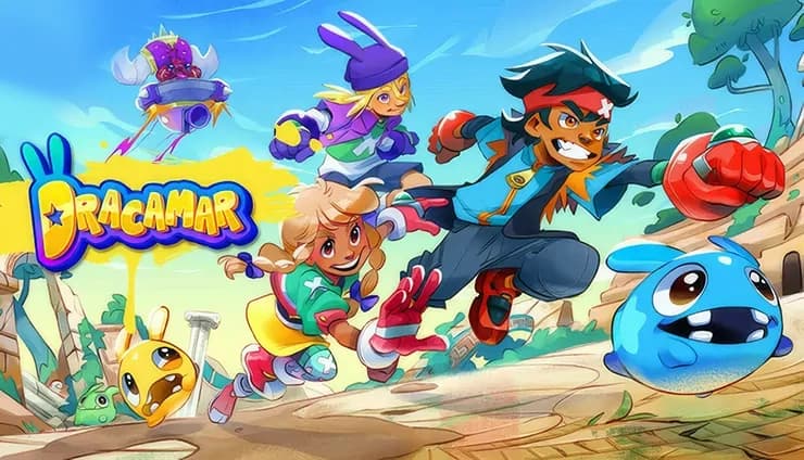 Young boy and two girls energetically run on a vibrant island path, joined by a small blue, green, and yellow creature.