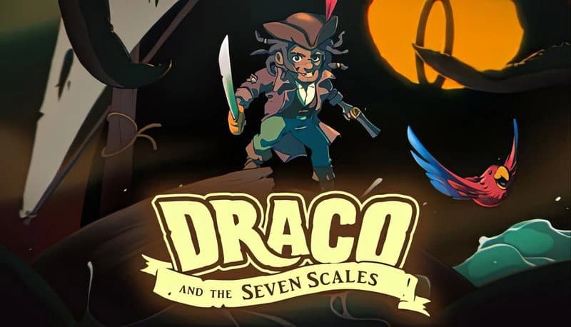 Draco and the Seven Scales: Young pirate with sword and pistol on ship deck, parrot flying nearby under glowing moon.