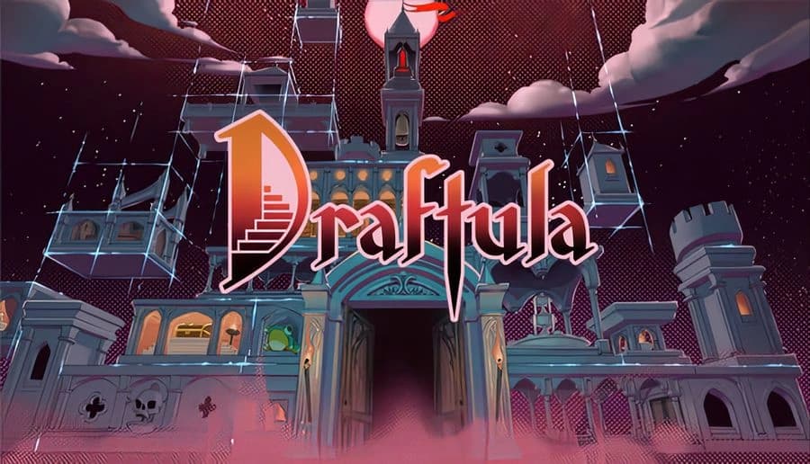Draftula: Gothic castle gate with tall spires under red sky, clouds and bats, glowing windows and arched entryway.