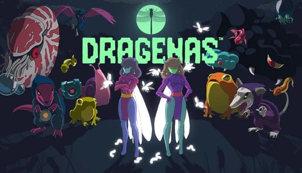Two women with blue and green skin in futuristic suits and insect wings stand amid various monsters, glowing bugs nearby.