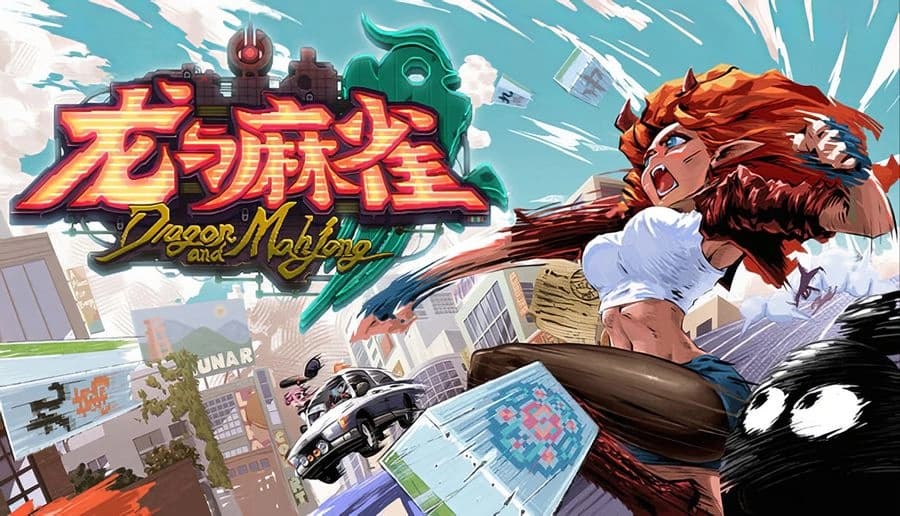 龙与麻雀 Dragon & Mahjong: Red-haired woman kicks through city street, money and mahjong tiles flying, neon skyline behind.