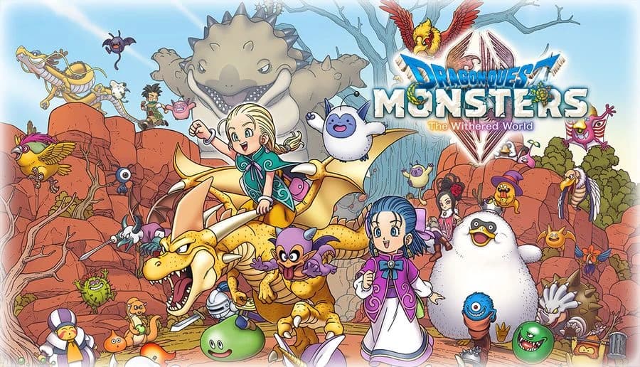 DRAGON QUEST MONSTERS: two young girls in colorful cloaks hold hands, smiling before a parchment map backdrop.