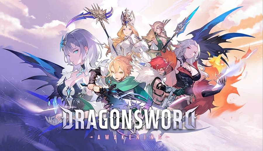 DragonSword: Anime warriors wielding blades and magic posing together Bright sky backdrop with swirling clouds and flames.