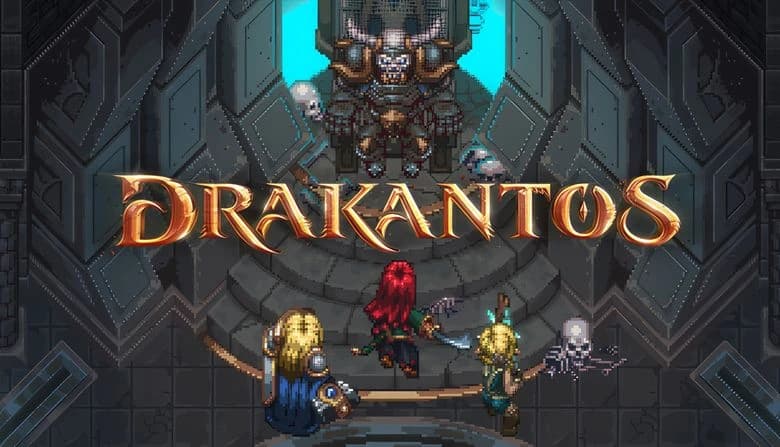 Drakantos: Three heroes confront armored skeleton on throne in chamber with glowing blue light, surrounded by skulls.