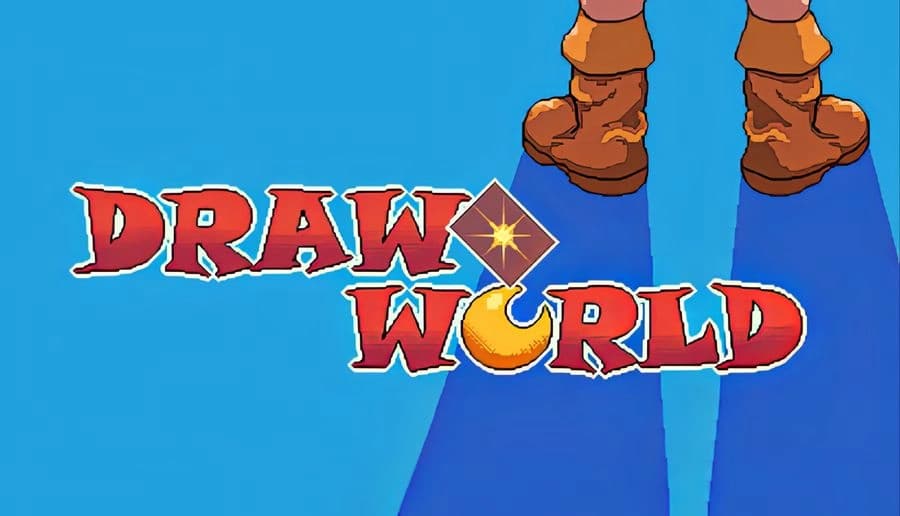 DRAW WORLD 星屑の「勇者」: Brown boots on a bright blue background with shadows cast below, emphasizing a pixel art style.