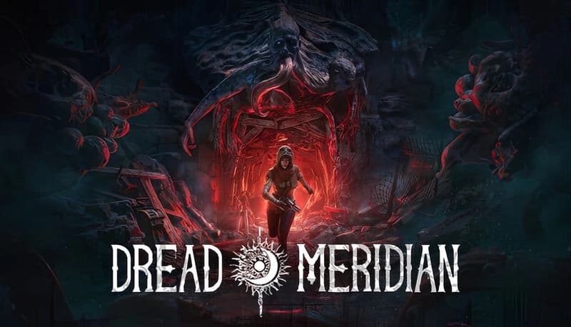 Dread Meridian™: Young woman stands before a towering, ominous monster in a shadowy, red-lit cavern.