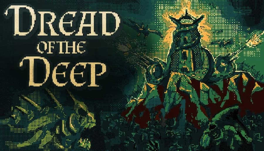 Dread of the Deep: Giant lighthouse tower with glowing beacon amid swirling tentacles and waves under dark sky.