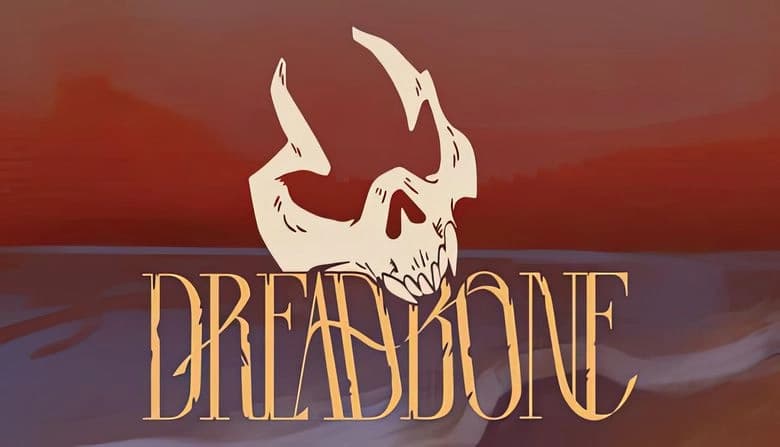 Dreadbone: Stylized skull with sharp teeth and horns over a vivid red and blue sunset beach, mountains blurred behind.