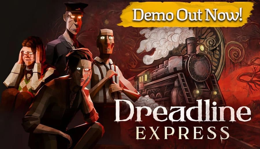Dreadline Express: Four grim passengers with glowing eyes stand in a smoky train corridor under warm lights.