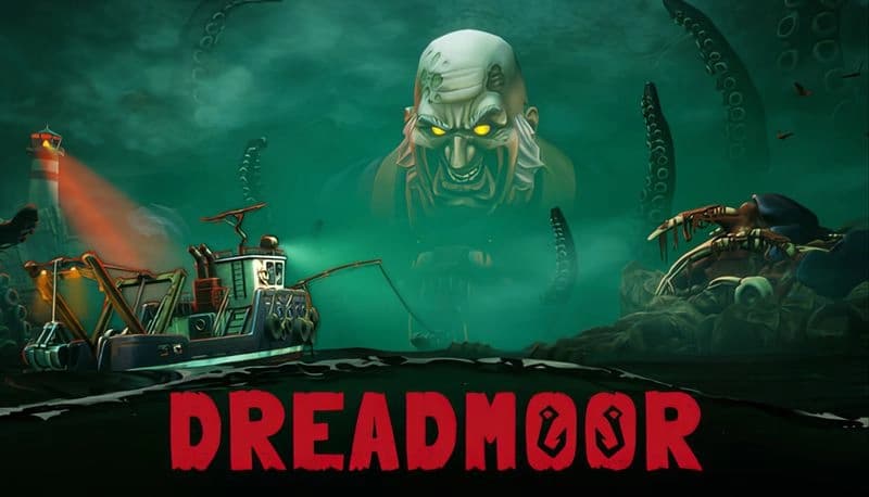 DREADMOOR: Giant demonic head with glowing eyes looms over eerie sea; ship on left, giant crab and tentacles on right.