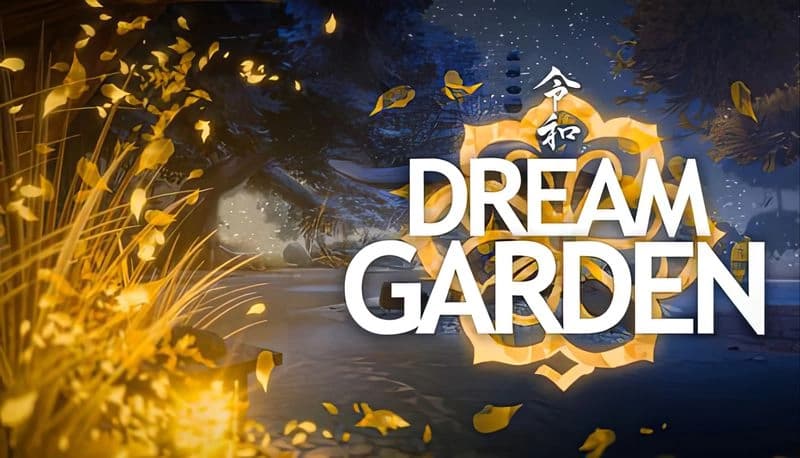 Dream Garden: Golden leaves swirl in a moonlit garden with lanterns, casting a tranquil glow on winding stone paths.