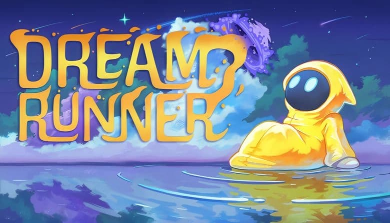 Dream Runner: Yellow-robed figure with glowing eyes sits in shallow water beneath starry sky with vibrant clouds, reflecting.
