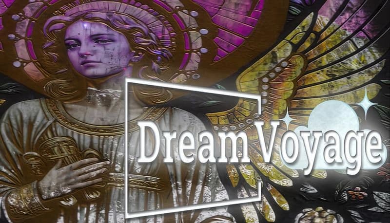 Dream Voyage: Angelic figure in ornate robes with floral crown and golden wings, against a vibrant, colorful stained-glass backdrop.