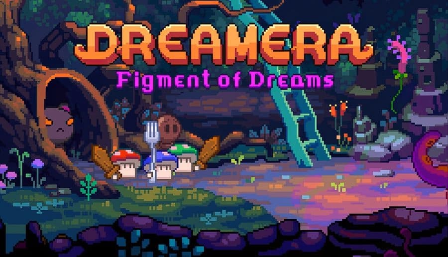 Dreamera: Three pixelated mushroom characters with forks explore a mystical forest with vibrant plants and twisted trees.