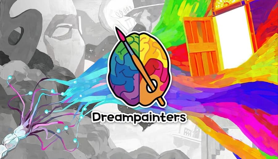 Dreampainters: paintbrush over brain icon with rainbow paint streams flowing across grayscale faces and cityscape.