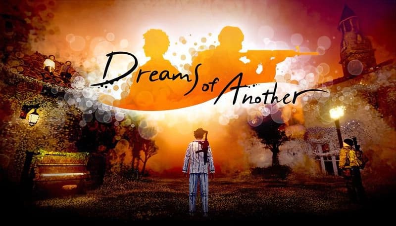 Dreams of Another: Young man in striped night-suit with MP5 in surreal setting, vivid orange sky, another person nearby.