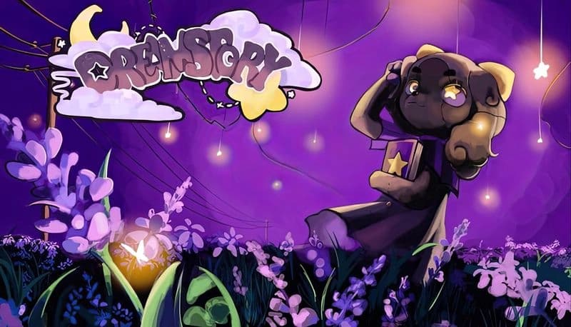Dreamstory: Young girl holding a star book stands in a flower field under a purple sky with glowing hanging lights.