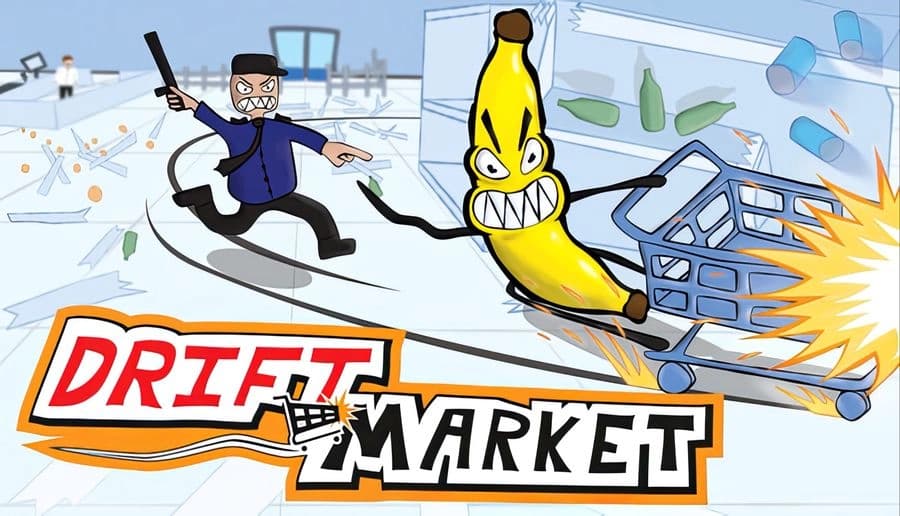 Drift Market: angry banana in a shopping cart rams shelves as a uniformed guard points and chases in store aisle.