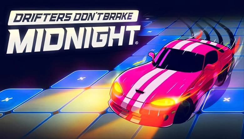 Drifters Don't Brake: Red sports car drifts on neon-lit grid, leaving tire marks under dark sky in arcade racing scene.