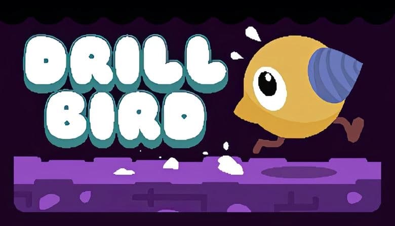 Drill Bird: Yellow bird with drill beak runs on purple platform, breaking rocks, against dark backdrop with scattered debris.