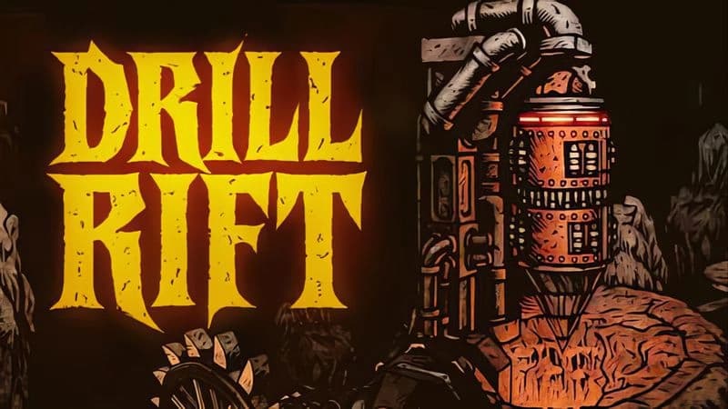 Drill Rift: Steampunk drill with gears in a dark underground cavern setting, lit by glowing machinery and rugged rock walls.