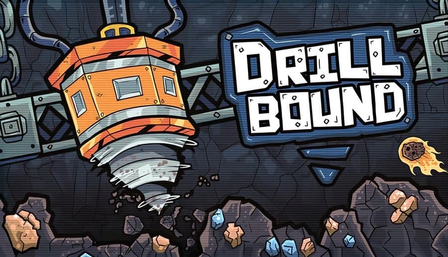 Drillbound: Orange mining drill bores through rock and crystals under metal scaffolding in a side-view underground shaft.