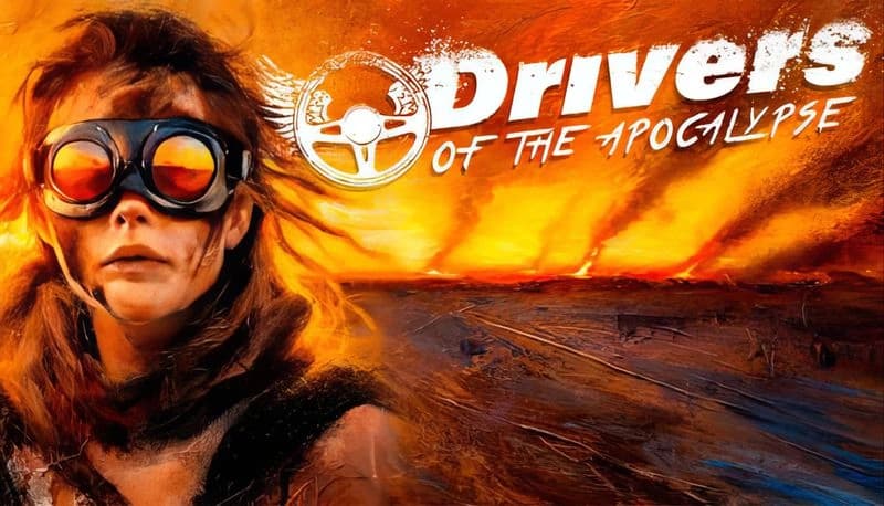 Drivers of the Apocalypse: Woman in goggles facing fiery wasteland, intense orange sky and smoke plumes in backdrop.