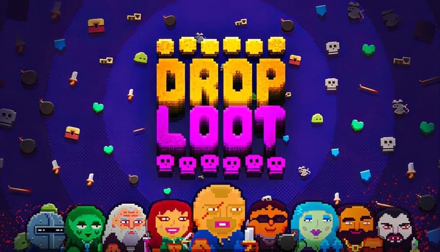 Drop Loot: row of pixel heroes and monsters facing forward under big yellow title on purple background with items.