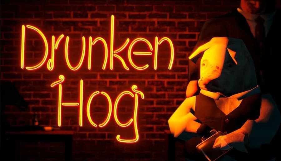 Drunken Hog: neon sign on brick wall beside seated pig-headed man in jacket holding a bottle in dim bar interior.