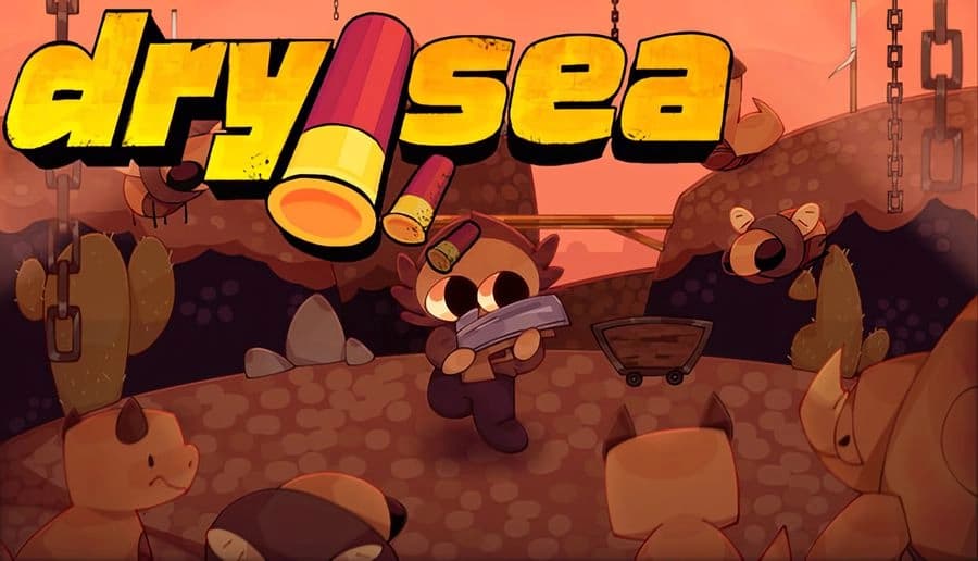Dry Sea: masked man holds a large shotgun and crouches beside a campfire in a rocky desert with hanging chains.