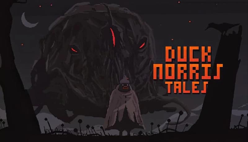 Duck Norris Tales: Lone figure faces giant, ominous creature with glowing eyes in dark, eerie countryside under crescent moon.