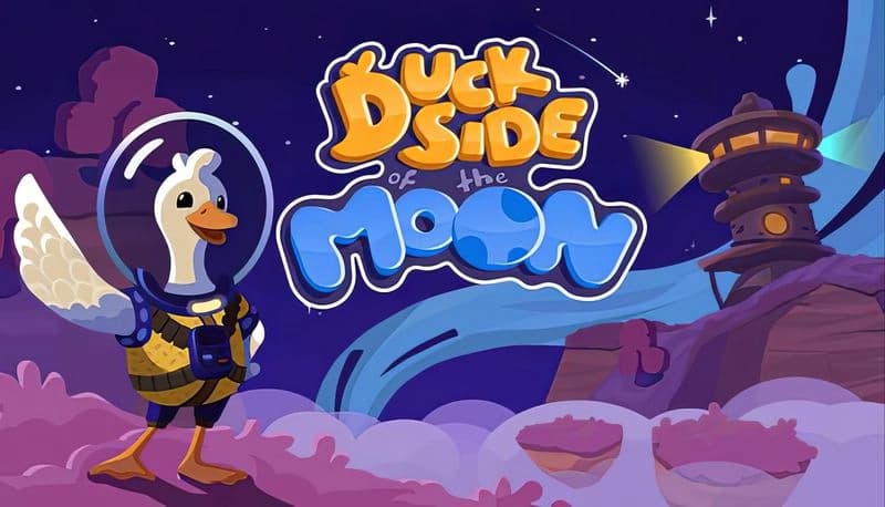 Duck Side of the Moon: Duck astronaut in space suit stands on pink terrain with futuristic tower and starry night sky.