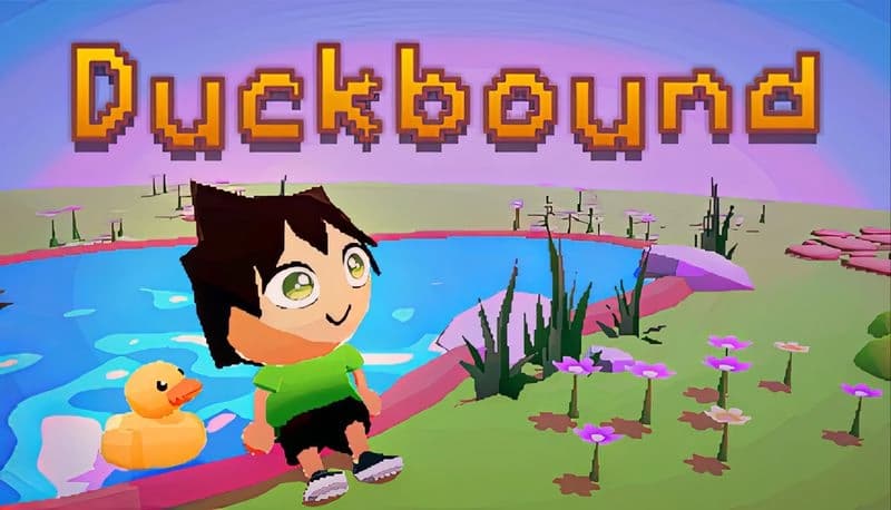 Duckbound: Young boy with a duck toy sits by a small pond surrounded by grass and flowers, under a colorful sky.