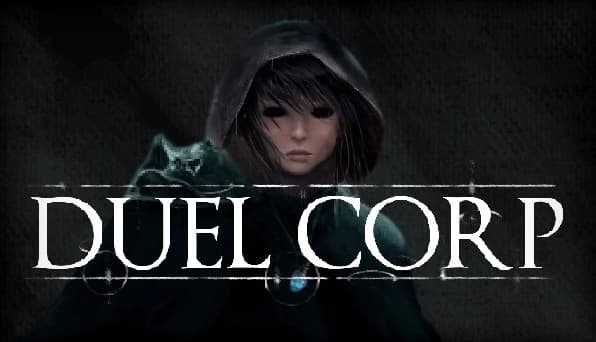 Duel Corp.: Young woman in a hood, dark clothing, somber expression, set against a textured, shadowy background.