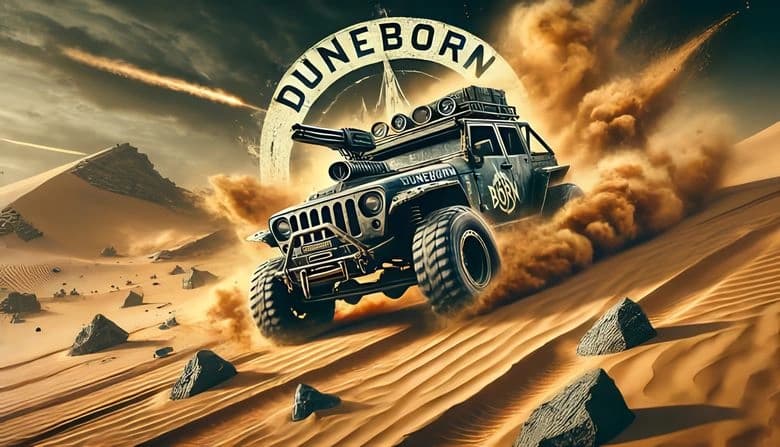 Duneborn: Rugged war vehicle speeds through desert sands, kicking up dust clouds, rocky terrain under a dramatic sky.