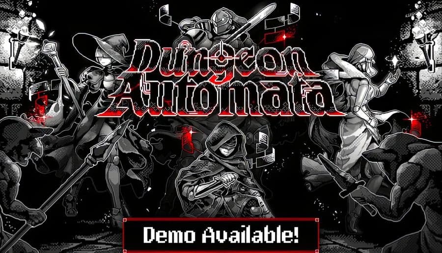 Dungeon Automata: armored robot with sword behind title, cloaked fighter left, spearwoman right on dark tech backdrop.