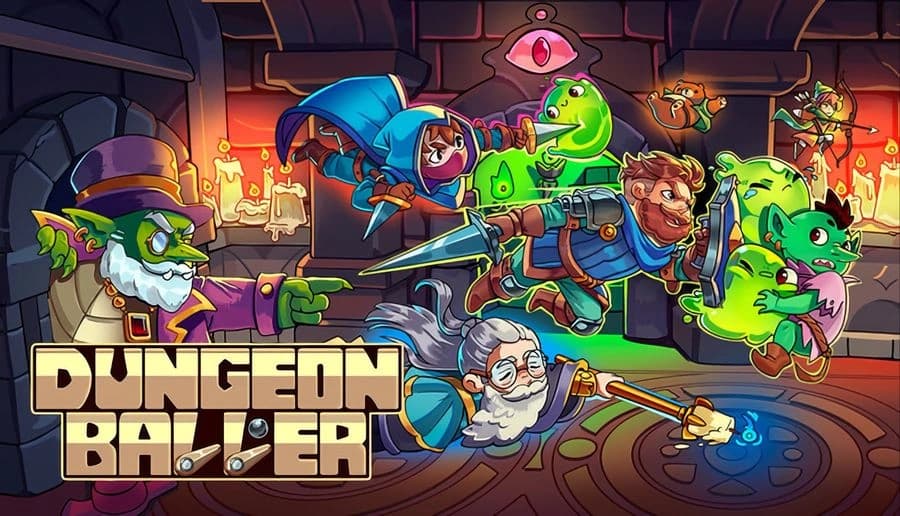 Dungeon Baller: bearded warrior and hooded rogue fight green slimes in a candlelit stone dungeon corridor.