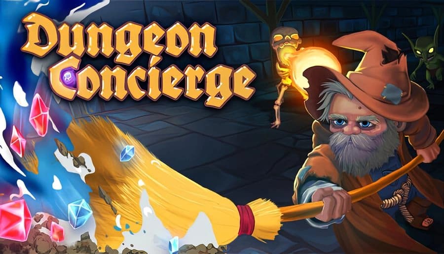 Dungeon Concierge: bearded wizard in orange hat swings broom, blasting flames and crystals in stone dungeon corridor.