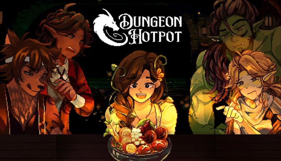 Dungeon Hotpot: smiling young woman serves a steaming bowl of hotpot to tired adventurers at a wooden counter in a dungeon.